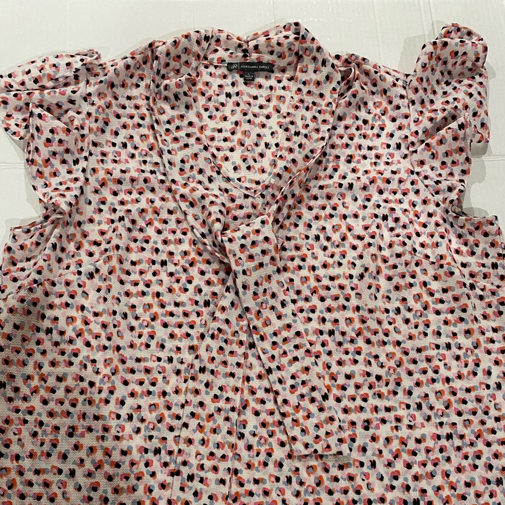 Adrianna Papell ruffle cap sleeve blouse with tie size L